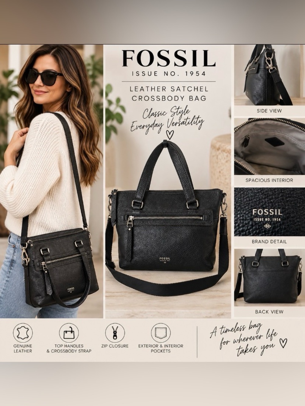 Fossil Issue No. 1954 Black Pebbled Leather Satchel Crossbody Bag
